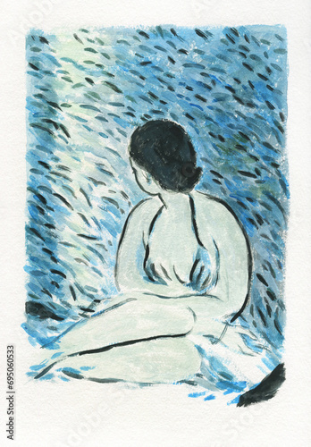 woman and blue sea. watercolor painting. illustration
