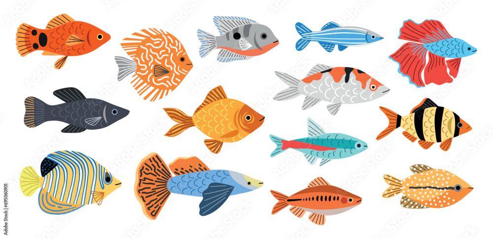 Different aquarium fishes breeds. Little decorative room fishes, barbus, swordfish, neon, cockerel, underwater inhabitants, vector set.eps - obrazy, fototapety, plakaty 