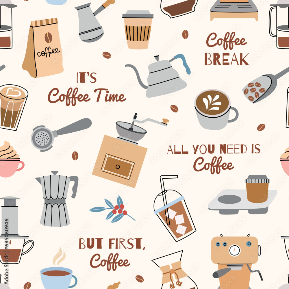 Coffee drinks seamless pattern. Cartoon cafeteria elements, hot tasty beverage, cappuccino, latte, espresso in cup, vector repeated backdrop.eps