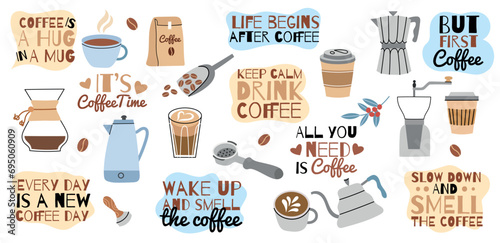 Coffee emblems. Cartoon grains, turk and syrup, motivational text, delicious hot drink in cups and glasses, cappuccino, latte, vector set.eps