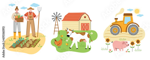 Cute farm compositions. Yard elements   animals and technic  tractor in field  harvesting  farmers couple with vegetables box  vector concept.eps
