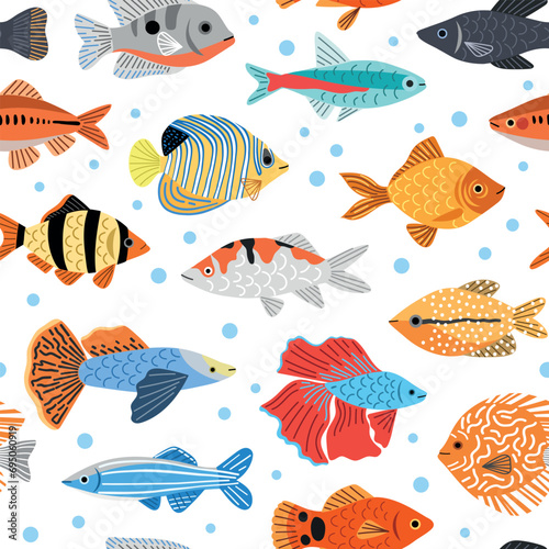 Decorative little fishes. Aquarium underwater inhabitants, difference breeds, colorful floating creatures with fins, vector seamless pattern.eps