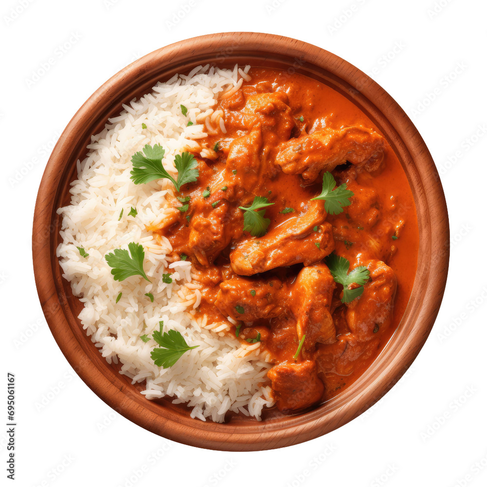Chicken tikka masala spicy curry meat food with rice isolated on a transparent or white background - obrazy, fototapety, plakaty 