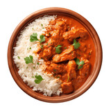 Chicken tikka masala spicy curry meat food with rice isolated on a transparent or white background