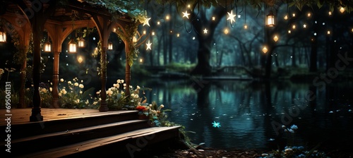 Tranquil lakeside scene at dusk with wooden dock, twinkling stars, and radiant full moon