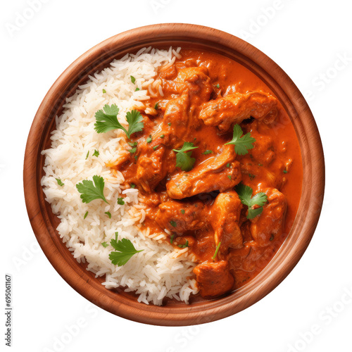 Chicken tikka masala spicy curry meat food with rice isolated on a transparent or white background photo