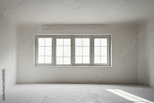 Large, empty, featureless white room with sunlight through windows.
