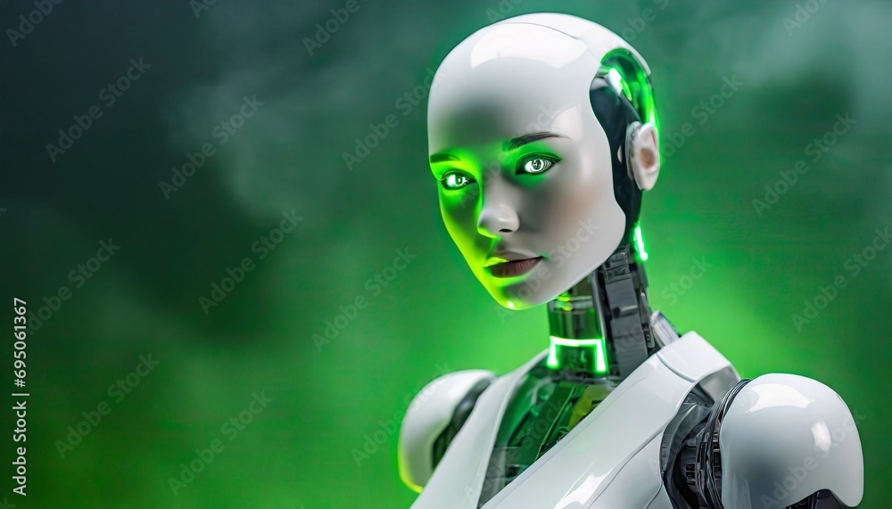Robot beautiful Woman, technology background, text space. smoke, green neon. Looking at camera. Robot beautiful Woman, technology background, text space. smoke, green neon. Looking at camera.