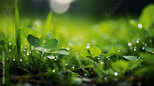 Bokeh background with defocused, blurred natural green grass and refreshing water droplets