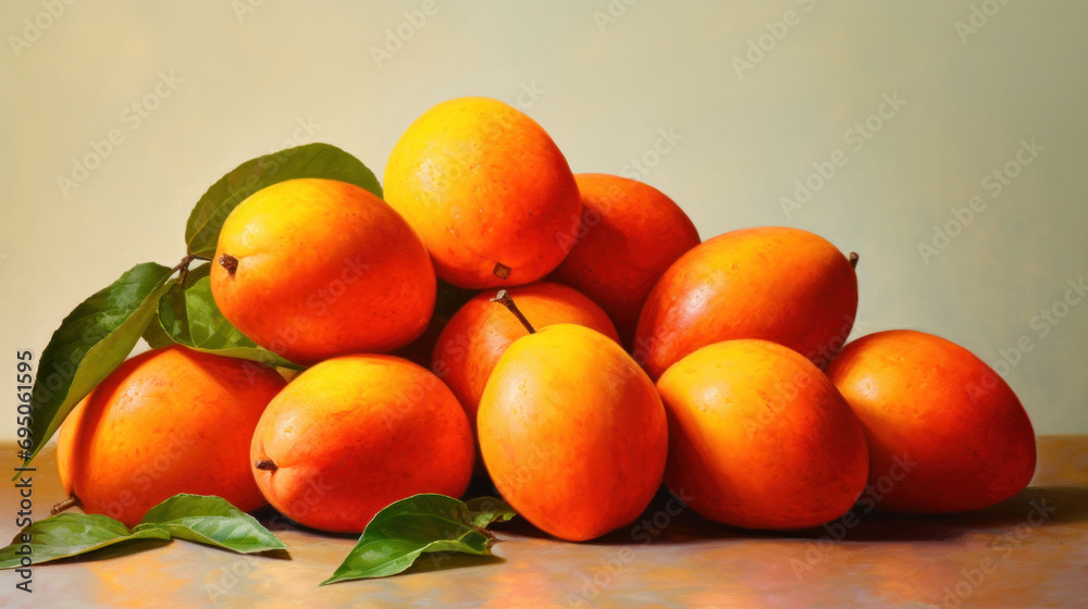  a painting of a pile of oranges with green leaves on the top of one of the oranges on the bottom of the picture.