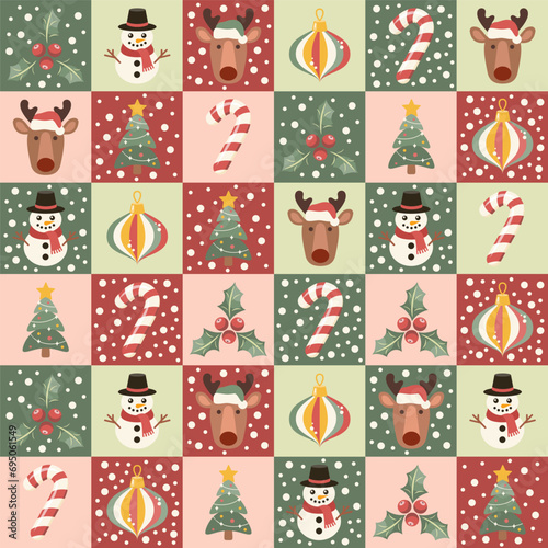 Christmas theme pattern with Rudolf, snowman, candy cane, christmas tree. Vector illustration.