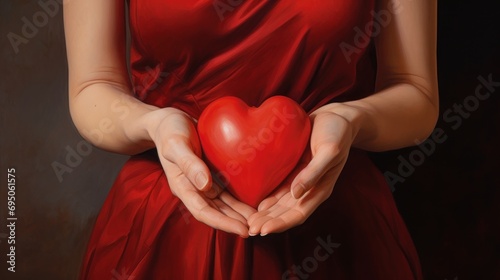  a painting of a woman in a red dress holding a red heart in her hands while wearing a red dress.