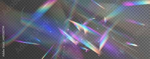 Light streak overlay pattern designs. Set Rainbow crystal light leak flare reflection effect. Transparent refraction elements. Vector illustration.	