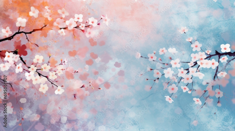 a painting of a tree branch with white and pink flowers on a blue and pink background with a sky in the background. a painting of a tree branch with white and pink flowers on a blue and pink background with a sky in the background.