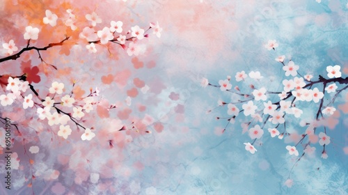  a painting of a tree branch with white and pink flowers on a blue and pink background with a sky in the background.