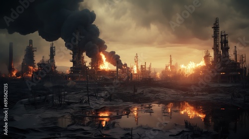 Burning oil refinery