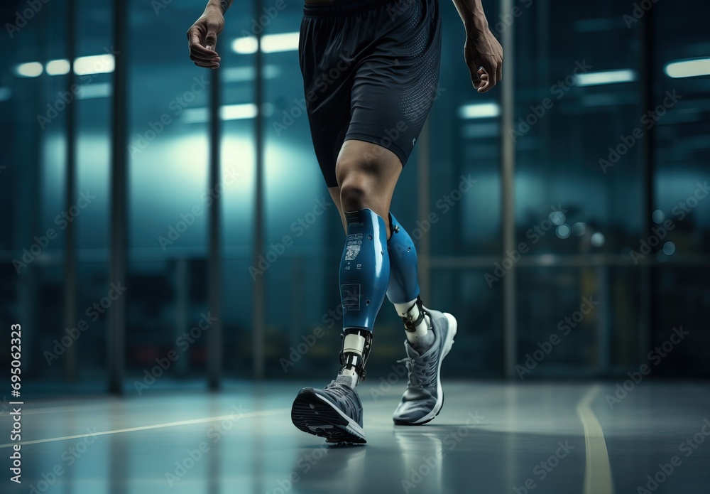 Amputee athlete participates in a race. Man with prosthetic leg. Sportsman disability guy - obrazy, fototapety, plakaty 