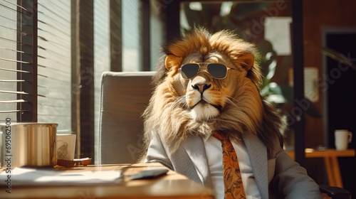 Funny lion in office wearing sunglasses