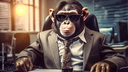 In the office, there is a humorous monkey wearing sunglasses photo