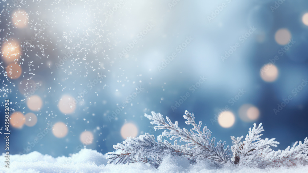 Winter branch covered with frost and snow. Frozen spruce branch with copy space. Blurred bokeh background. Winter branch covered with frost and snow. Frozen spruce branch with copy space. Blurred bokeh background.