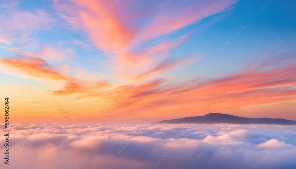 Sunset over mountainous horizon, sky painted with vibrant orange clouds and misty valleys, embodying tranquility. Sunset over mountainous horizon, sky painted with vibrant orange clouds and misty valleys, embodying tranquility.