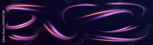 Big data traffic visualization, dynamic high speed data streaming traffic. Neon color glowing lines background, high-speed light trails effect. Purple glowing wave swirl, impulse cable lines.
