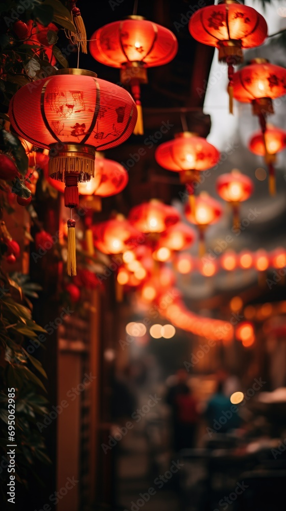 This photo captures the beauty of red lanterns with golden tassels illuminating a street creating a path that invites one into the heart of traditional festivities. The soft focus in the background