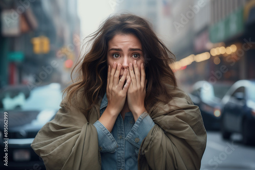 Desperate woman crying covering her face with her hands.