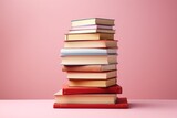 pile of books against pink background. Generative AI