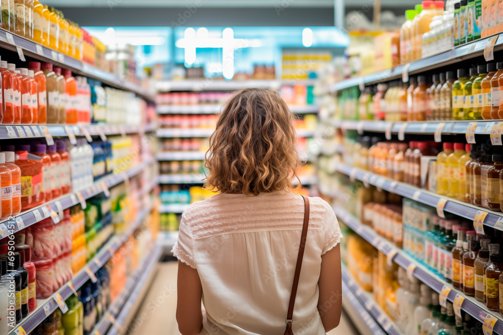 Woman contemplating products in the beverage aisle of a supermarket, with a variety of options to choose from.