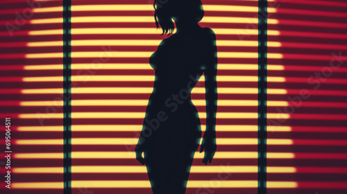 full length low angle fit female silhouette behind blinds in a window, in the style of retro-futuristic cyberpunk, crisp neo-pop, i can't believe how beautiful this is, rich and immersive, brutalism