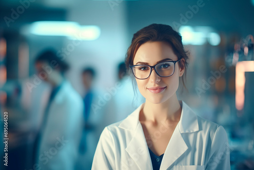 Professional scientist in a modern laboratory wearing glasses, reflecting seriousness and focus in her work. photo