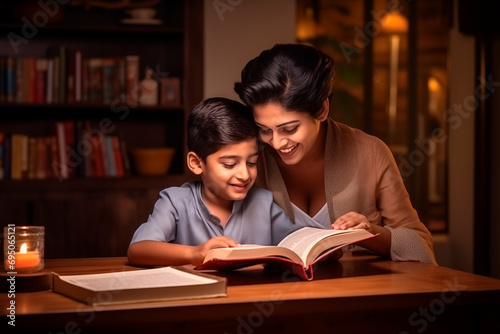 Mother and son indian sharing a moment of reading and learning together at home. photo