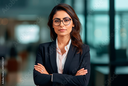 Female professional with glasses and suit in a corporate setting, reflecting confidence and leadership.