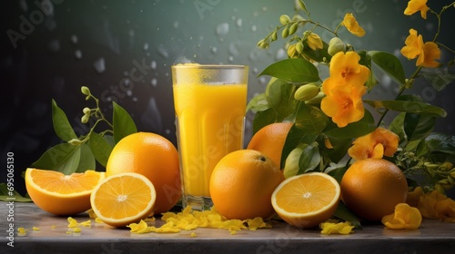  a glass of orange juice next to a bunch of oranges and a bunch of oranges on a table.