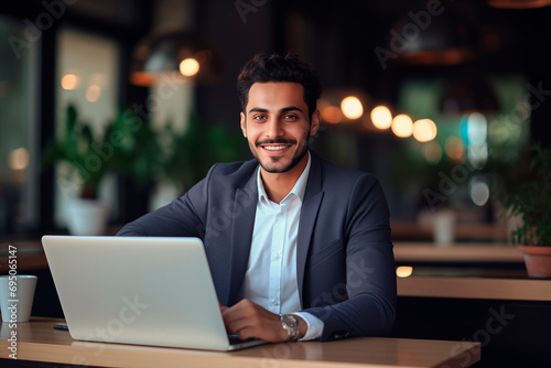 Smiling professional in suit working on laptop in a modern coffee shop.