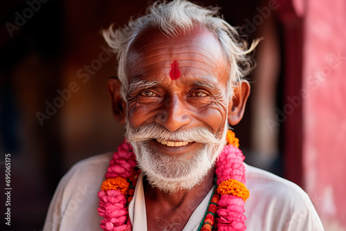 Smiling elderly man with garland and tilaka, joyful cultural portrait.