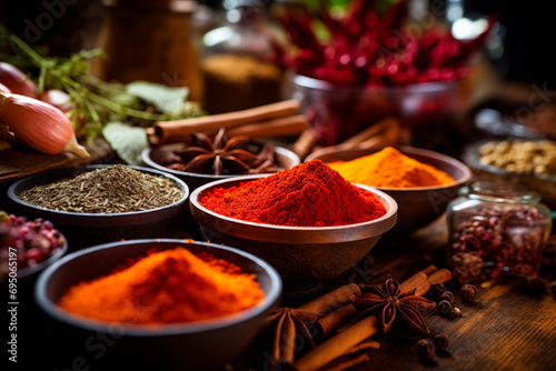 Collection of colorful spices in bowls, essence of cooking and culinary culture.