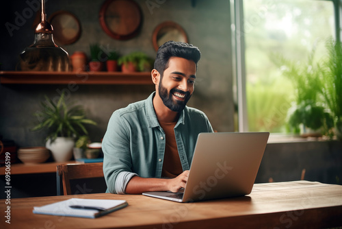 Bearded man working from home  smiling at his laptop screen.