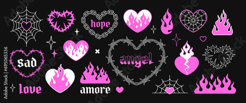Pink Gothic hearts in 2000s style. Emo goth tattoo flamed hearts on black background. Chain hearts and barbed wire hearts vector decor elements for print fabric and textile design