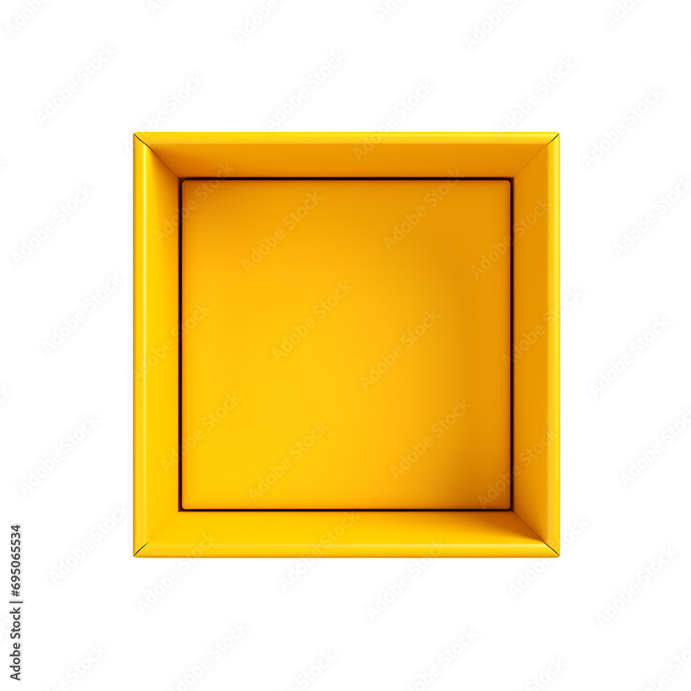 Top view of yellow opened box with empty space for product display or similar cases. Ready for mockup. Transparent PNG inside Top view of yellow opened box with empty space for product display or similar cases. Ready for mockup. Transparent PNG inside