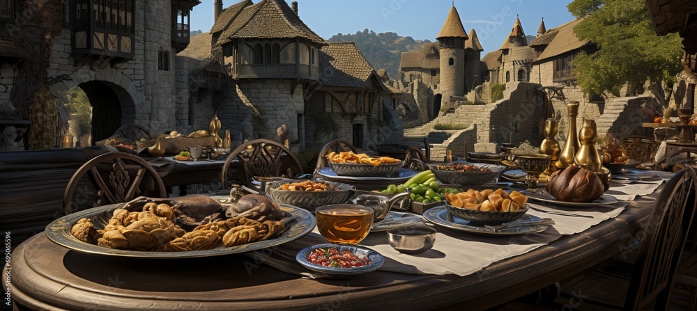 Medieval castle banquet  majestic feasting in candlelit hall with royal feasts, golden light