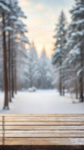 Blurred Snowy Forest on Empty Wooden Table Background, Wooden Table © varol