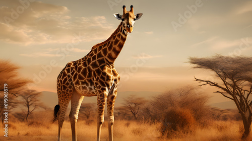 Giraffe in the wild savannah, wild giraffe, wild animal, giraffe