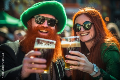 Smiling redheaded couple celebrates St. Patrick's Day with beer toast