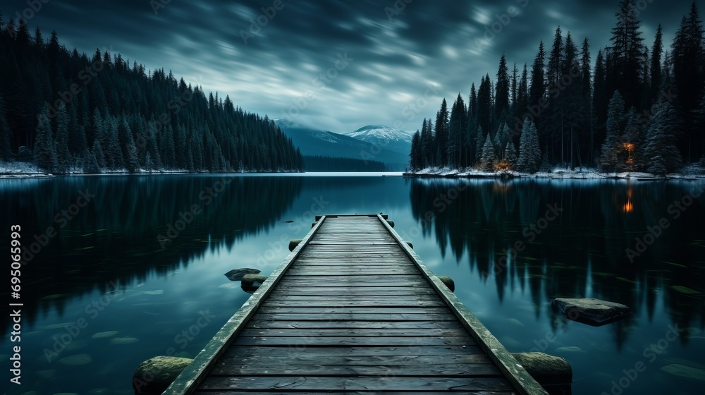 Naklejka premium tranquil lakeside at twilight wooden dock, twinkling stars, and full moon reflection