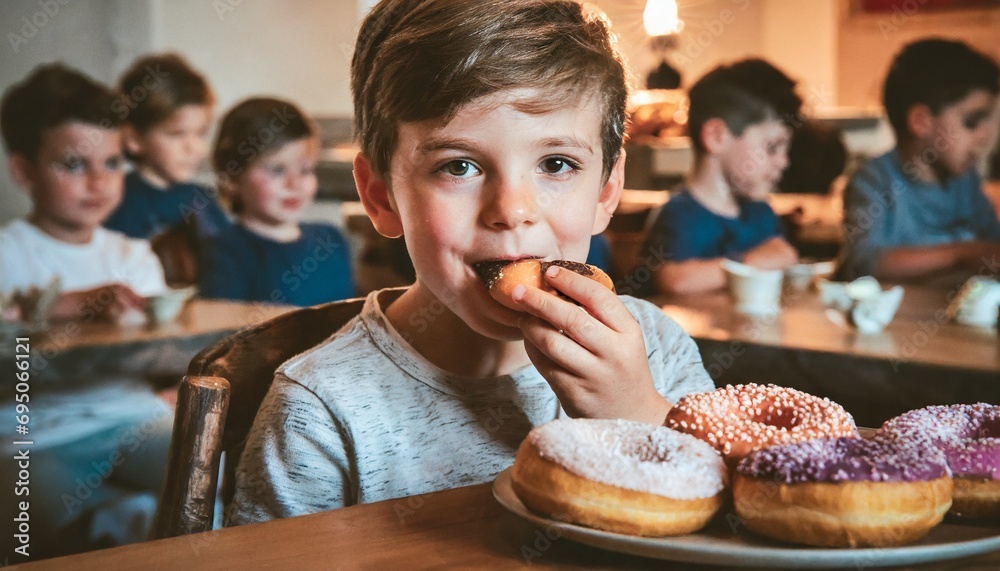 Naklejka premium Dziecko jedzące pączka. Karnawał, tłusty czwartek, słodycze w dziecięcej diecie