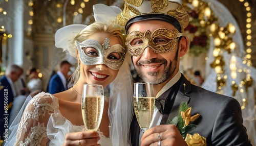 A woman and a man drink champagne at a carnival ball
