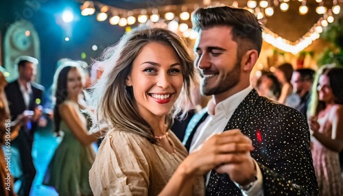 Tańcząca para młodych ludzi na balu sylwestrowym, weselu lub imprezie