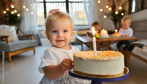 Mała dziewczynka obchodząca swoje pierwsze urodziny stoi obok tortu se świeczką